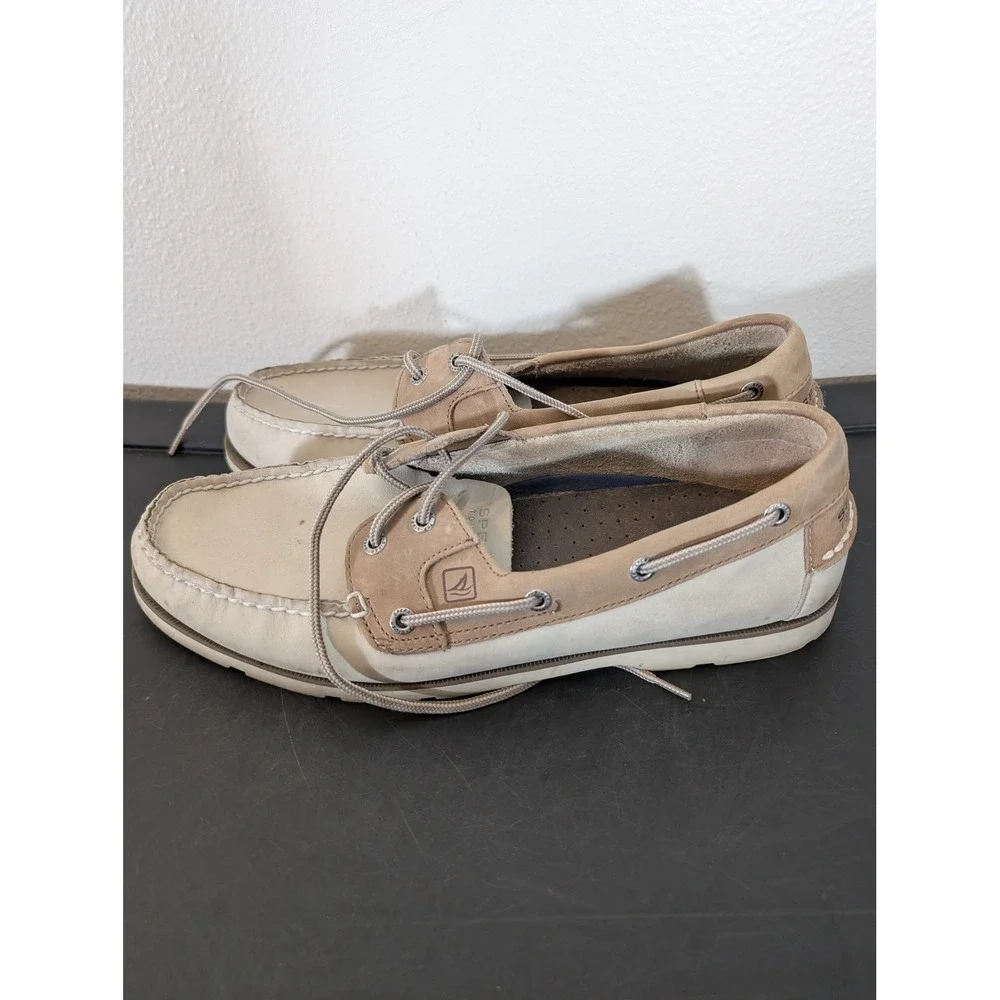 Sperry Top-Sider Mens 11.5 Boat Shoes Beige Cream Leather Deck Shoes Moc Toe